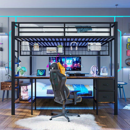 Hoogslaper – Stapelbed – Bedframe Met Bureau – Opbergruimte Bed – Metal Loft Bed – Zwart 90x200 / 140x200 – Ruimtebesparend Ontwerp – Duurzaam Metalen Frame