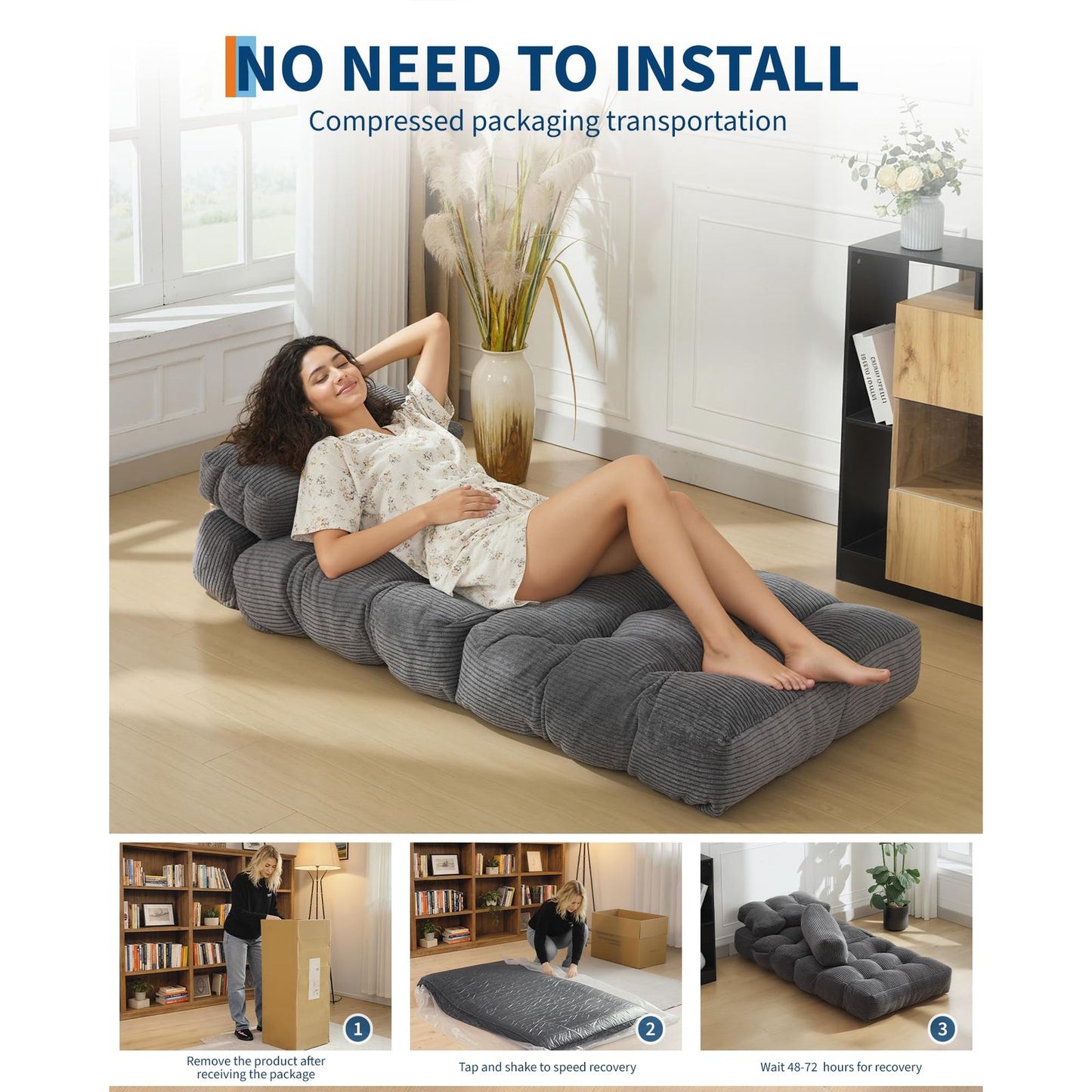 Single Size Folding Sofa Bed - Convertible Sleeper Chair with Mattress & Pillow, Boneless Fold-Out Bed with Back Support, Space-Saving Bed for Small Apartments, Dorms, Guest Rooms - Assembly, Modern Bed/Couch (Dark Gray)