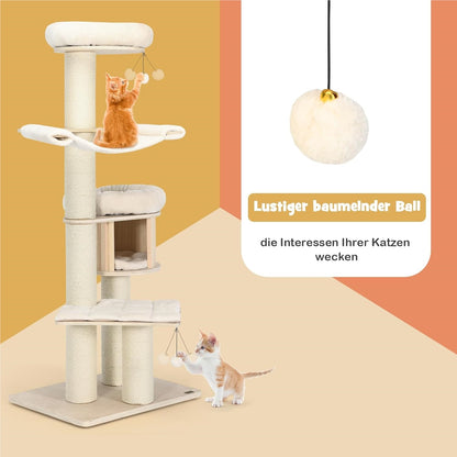 Krabpaal – Kattenboom – Kattenkrabpaal – Krabmeubel – Kattenhuis – 174 cm Hoog – Massief Houten 4-Laags Met Sisal Krabpalen En Hangmat