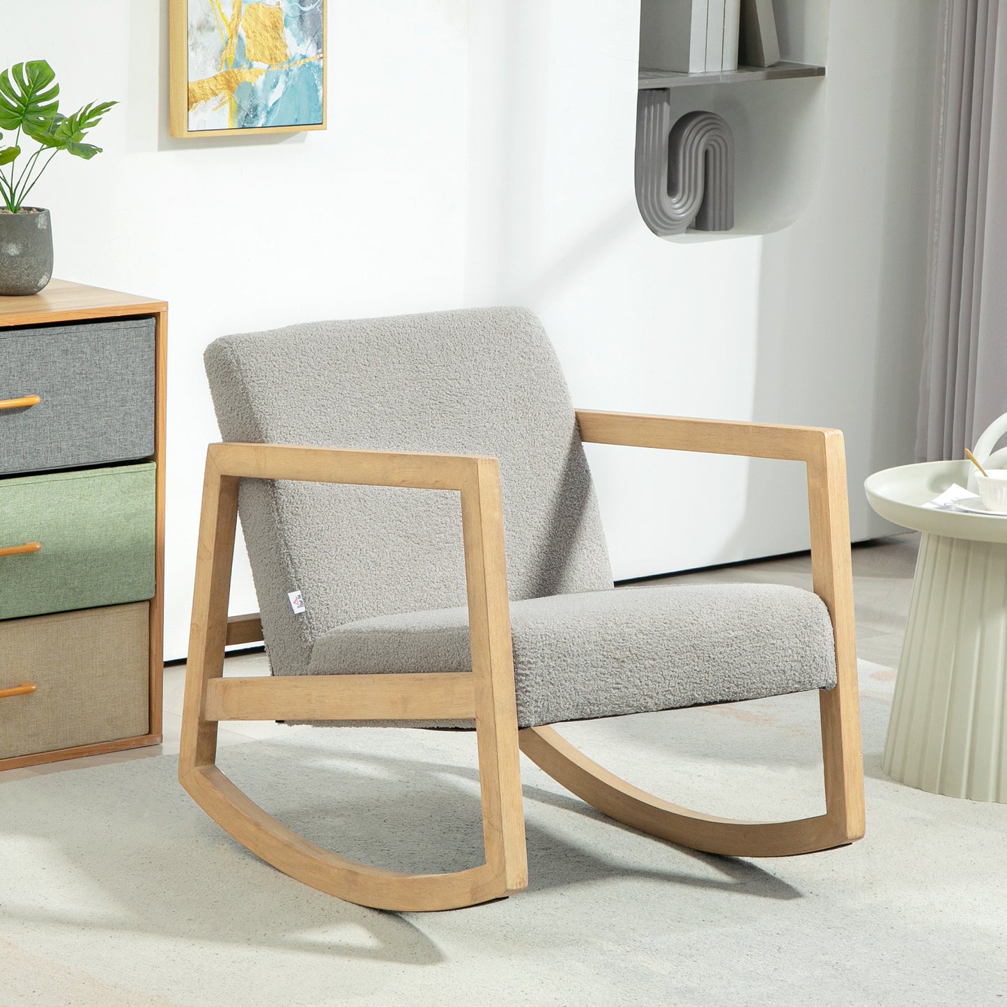 Schommelstoel – Relaxstoel – Fauteuil – Loungestoel – Schommelstoel Babykamer – Bouclé Wollook – Massief Hevea Houten Frame – 60x81x71 cm
