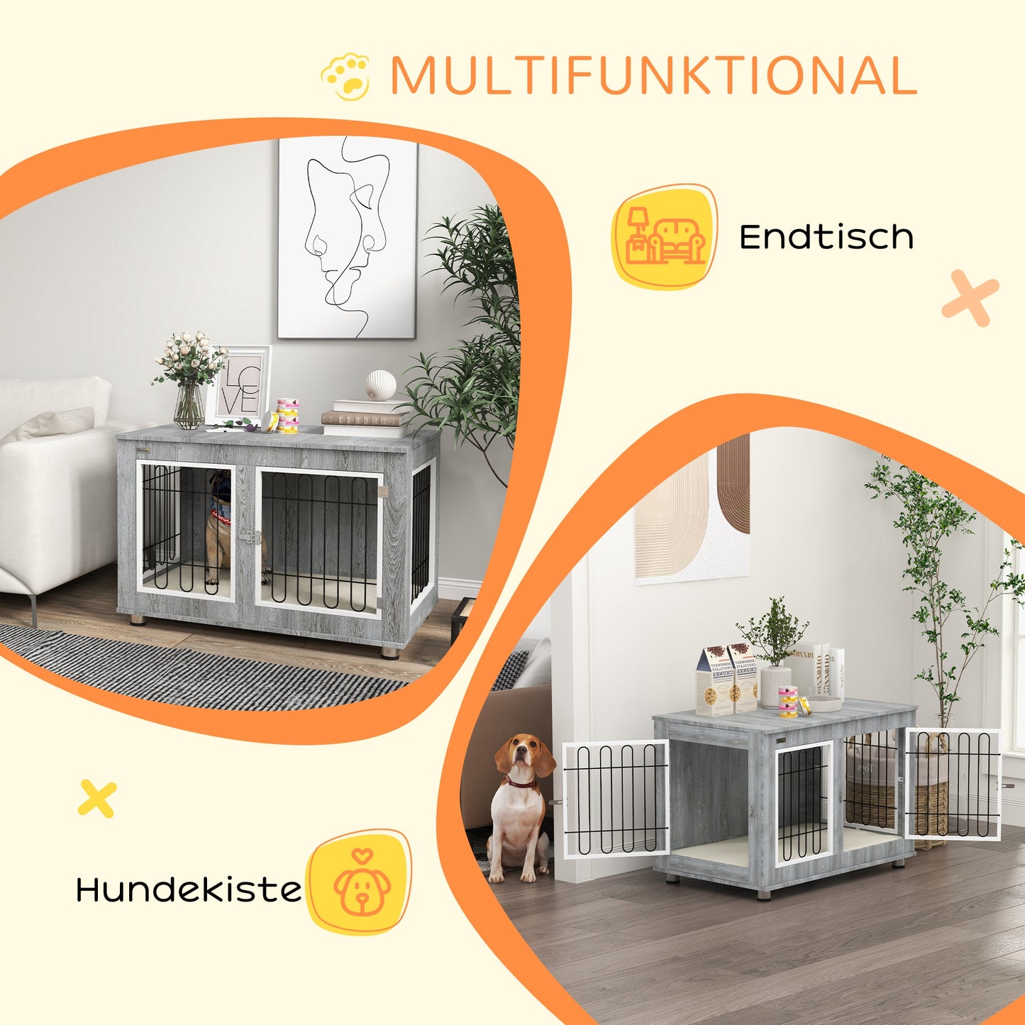 Hondenbench – Hondenkennel – Hondenkooi – Hondenkooi Bench – Hondenbench Met Kussen – Grijs – 2 Dubbele Sloten – Afneembaar Wasbaar Kussen – 90x58x65 cm