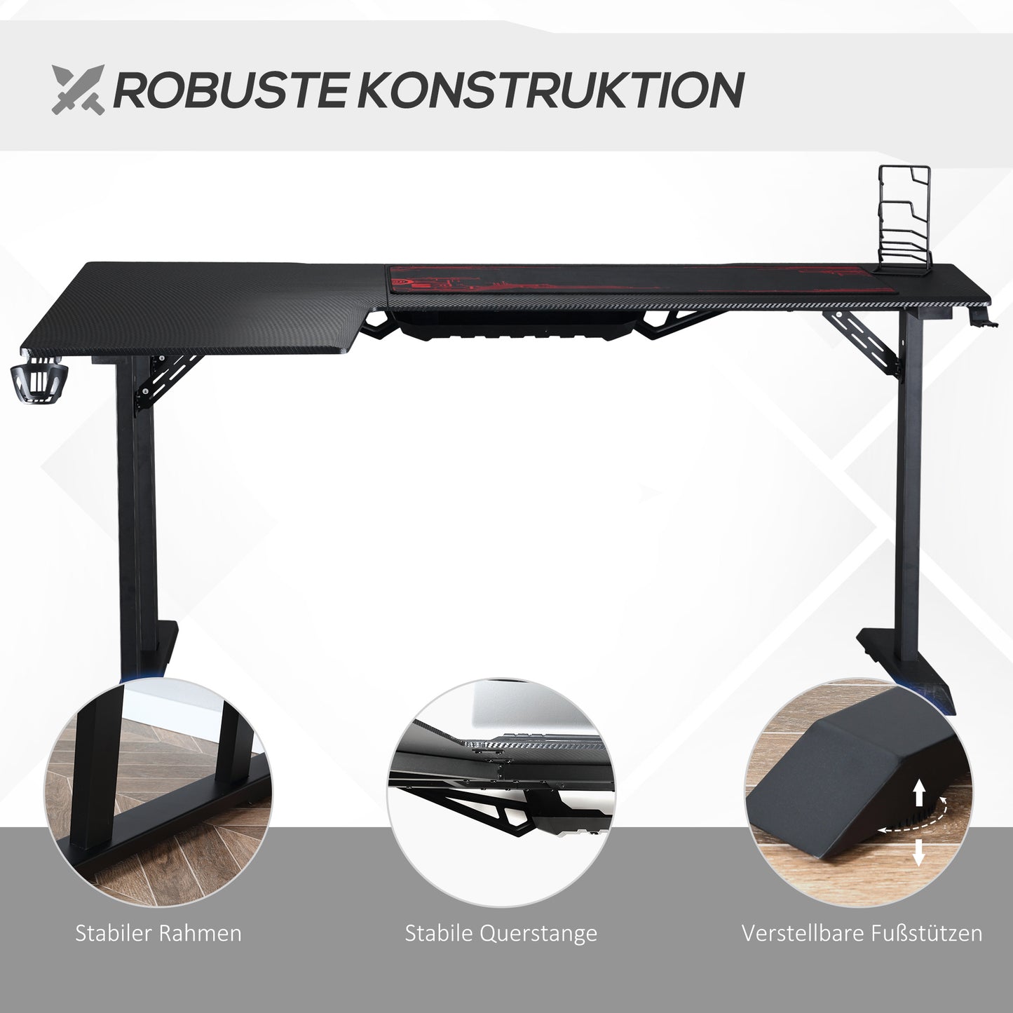 Gaming Bureau – Game Bureau – Gaming Desk – Computerbureau – Bureautafel – Hoekbureau – Zwart Met Rode Accenten – MDF Met Metaal – Koptelefoonhaak En Bekerhouder