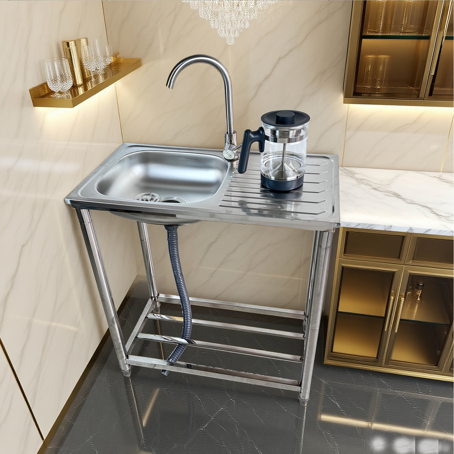 Stainless Steel Freestanding Sink with Workbench & Faucet - Heavy-Duty 304 Grade All-Weather Outdoor/Indoor Use, Large Capacity Durable Polished Sink for Kitchen, Camping, Garden, Garage, Holiday Events - Easy-Clean Surface &