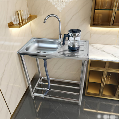 Stainless Steel Freestanding Sink with Workbench & Faucet - Heavy-Duty 304 Grade All-Weather Outdoor/Indoor Use, Large Capacity Durable Polished Sink for Kitchen, Camping, Garden, Garage, Holiday Events - Easy-Clean Surface &