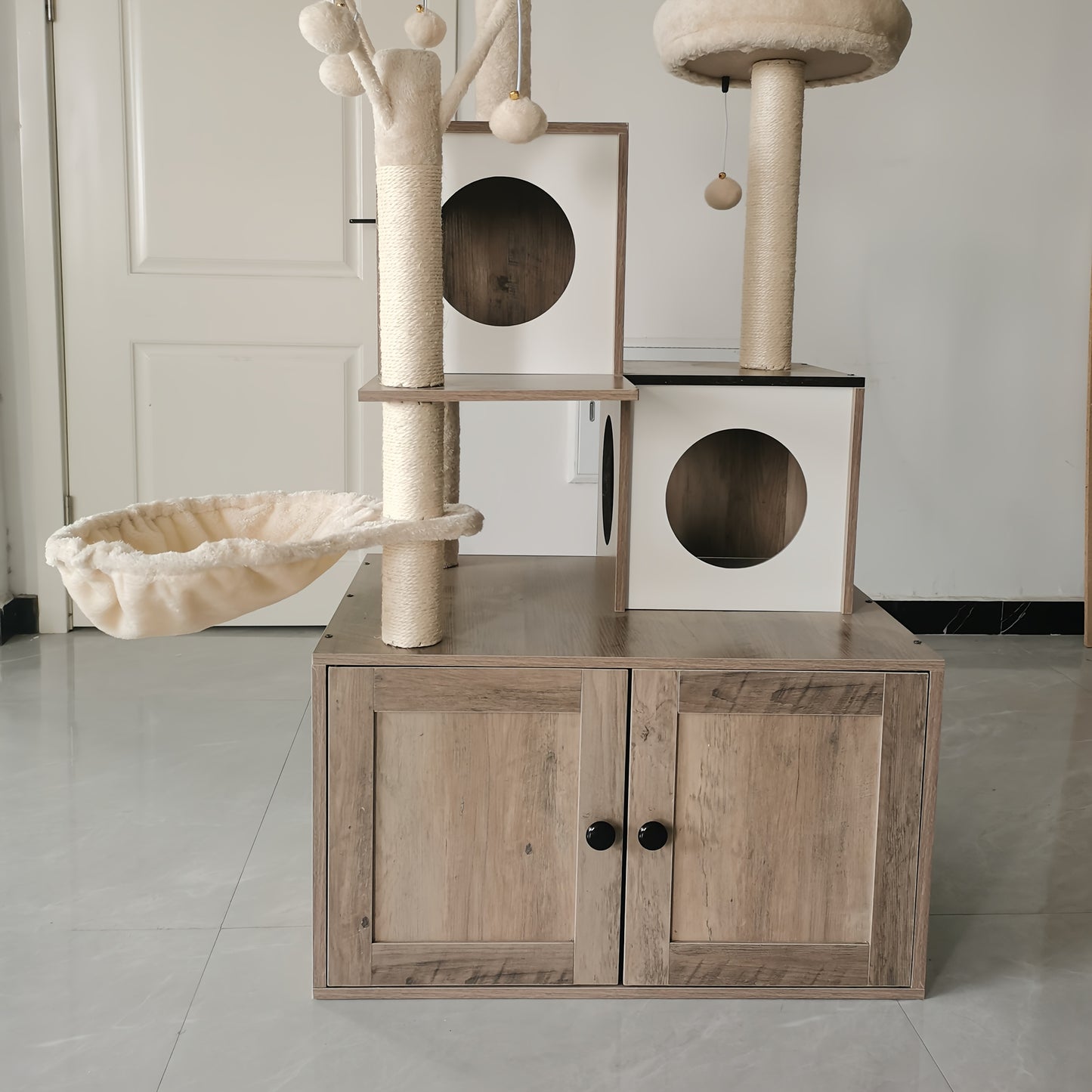 Kattenboom – Kattenhuis – Krabpaal – Kattenmeubel – Klimpaal – Verborgen Kattenbak – Stevige Houten Constructie – Ruimtebesparend & Modern Grijs