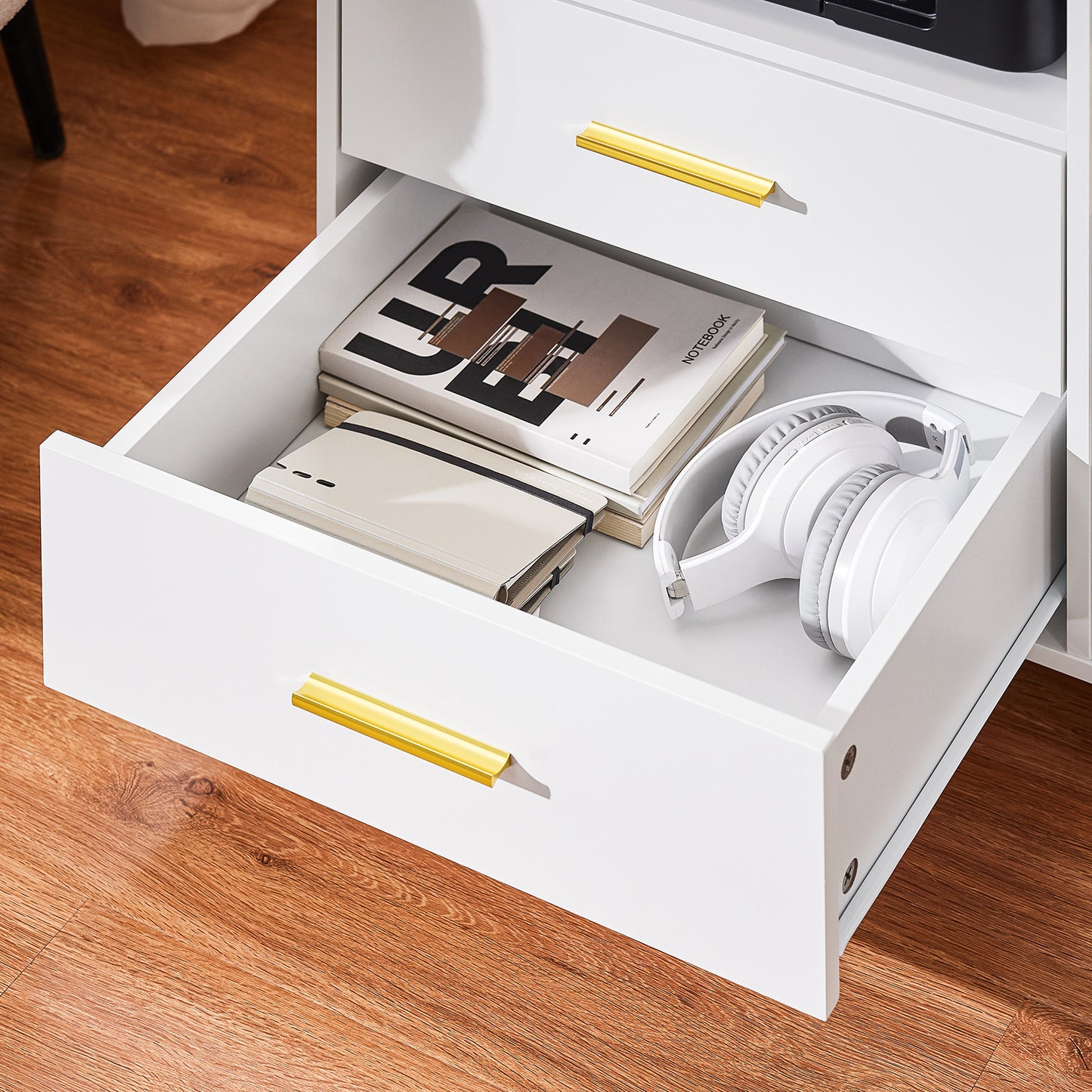 Kantoorkast – Opbergkast – Bureaukast – Mobiele Kast – Ladenkast – Met Wieltjes en Glasdeur – Compact 75x40x76 cm – MDF Stevig