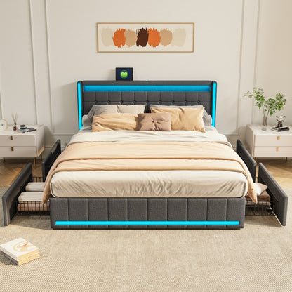 YCZ Bed Frame with Storage Space, Double Headboard Upholstered Bed with LED and USB, Storage Bed with 4 Drawers and Mattress, for Adults, BCDE