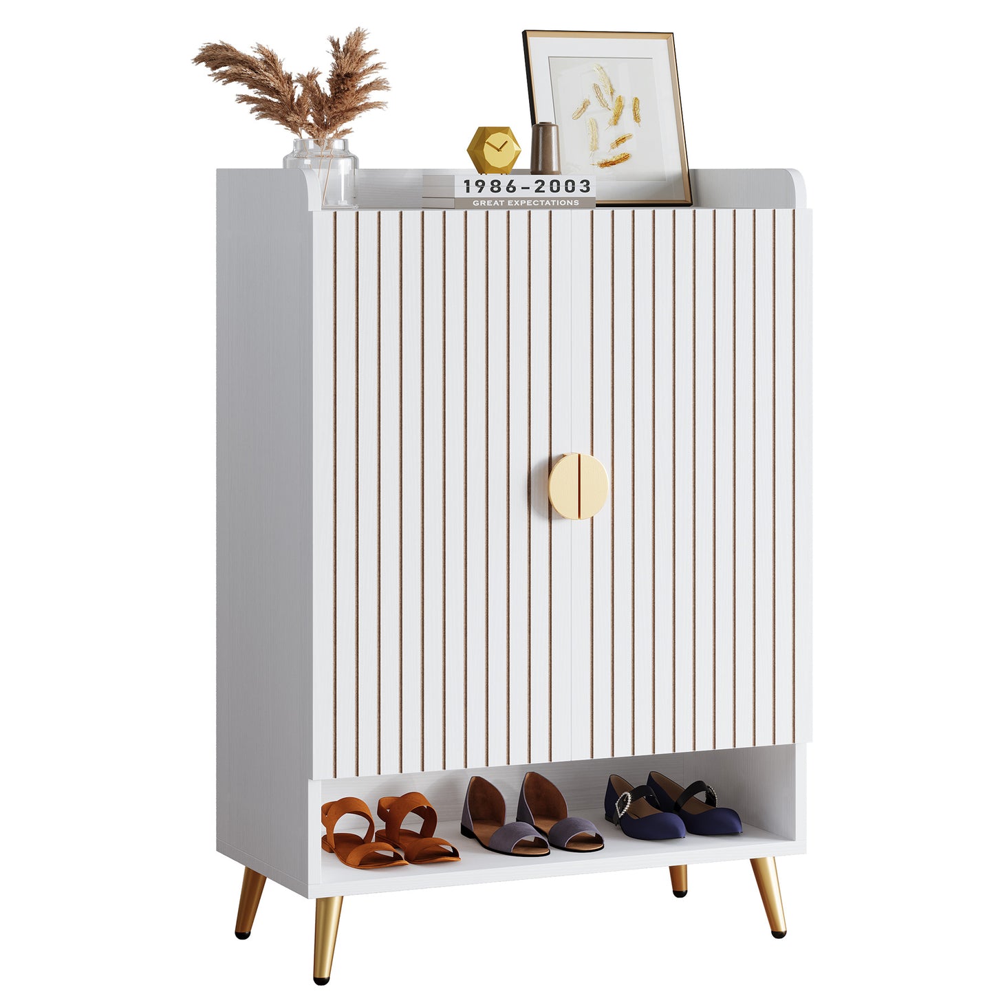 Schoenenkast – Schoenenrek – Schoenopberger – Schoenentoren – Schoenenkast – 6-laags met deuren – Verstelbare planken – Wit met gouden accenten
