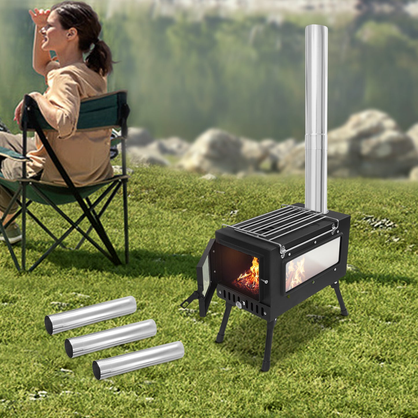 Portable Tent Stove, Featuring a 4.4-foot Chimney System and 201 Stainless Steel Wood-burning Stove, Ideal for Camping and Outdoor Cooking, Complete with Foldable Stand.