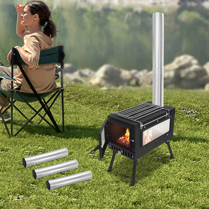 Portable Tent Stove, Featuring a 4.4-foot Chimney System and 201 Stainless Steel Wood-burning Stove, Ideal for Camping and Outdoor Cooking, Complete with Foldable Stand.