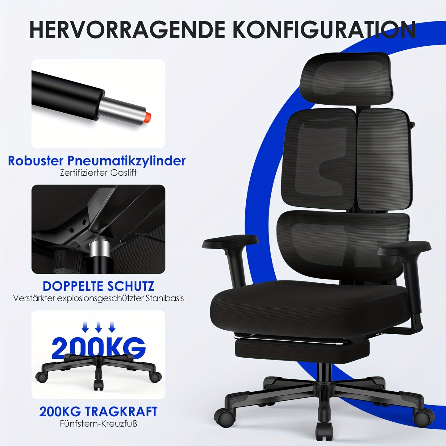 Ergonomische Bureaustoel – Kantoormeubilair – Werkstoel – Studiebureaustoel – Bureaustoel Met Voetsteun – 6D Verstelbare Armleuningen – 3D Hoofdsteun – 5D Rugleuning – Ademend Zitvlak – Verstelbare Hoogte – Max. Belastbaar 130 kg