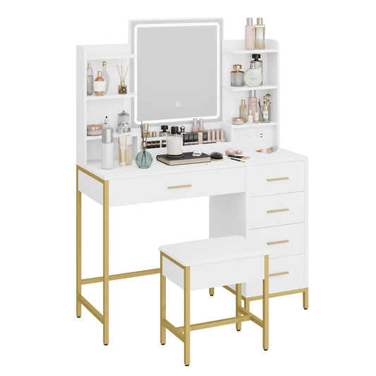 Sieradenkabinet – Sieradendoos – Juwelenkast – Sieradenopberger – Sieradendoosje – Modern Wit-Goud – Zachte Sluiting Laden – Verstelbare LED-Verlichting