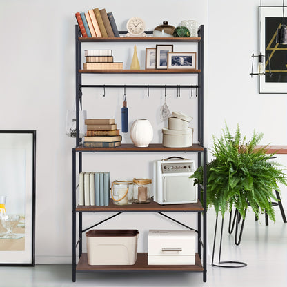 5-Lagen Keukenorganizer – Rustiek Zwart Walnoot – Industrieel Baker’s Rack met Opslag, Magnetronstandaard en Haakjes voor Kruiden en Keukengerei