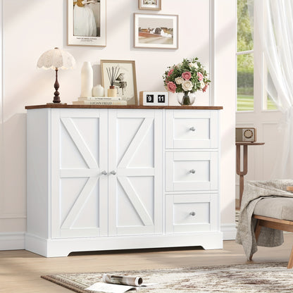 Kealive Modern White & Brown Storage Cabinet with Countertop - Freestanding Kitchen Buffet Sideboard with 3 Drawers & Doors, Heavy-Duty Particleboard Construction, 68.58cm+ Height, 3.2 Cu Ft Capacity, Easy Assembly for Kitche