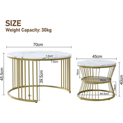 Lage Tafel Set – Bijzettafel – Salontafel – Side Table – Nesting Tafels – Wit Marmerlook – Metaalframe – Verstelbare Voetjes – Ruimtebesparend Design