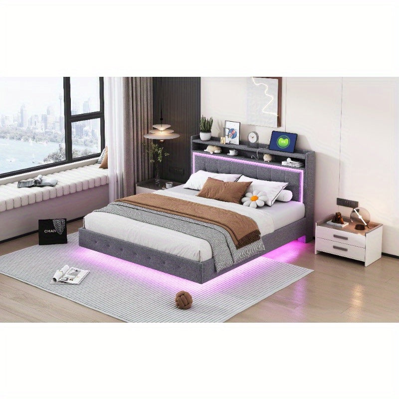 Bedframe – Ledikant – Slaapkamerset – Boxspring – Tweepersoonsbed – Grijs Linnen – Zacht Hoofdbord – Verborgen Poten – Modern Design – 160x200 cm Stabiel
