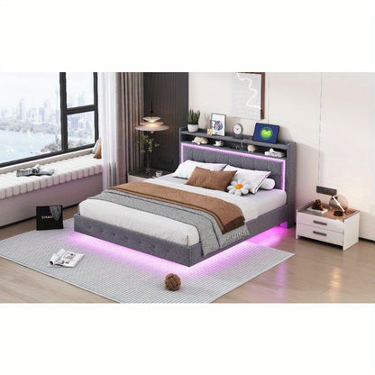 Bedframe – Ledikant – Slaapkamerset – Boxspring – Tweepersoonsbed – Grijs Linnen – Zacht Hoofdbord – Verborgen Poten – Modern Design – 160x200 cm Stabiel