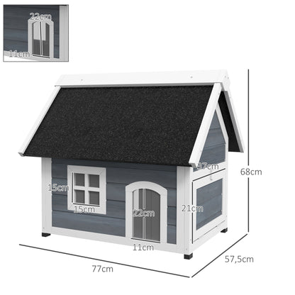 Houten Kattenhuis – Kattenhut – Kattenverblijf – Kattenhuisje – Dierenhuisje – Weerbestendig Bitumen Dak – 3 Toegangsdeuren – Grijs – 77x57,5x68 cm