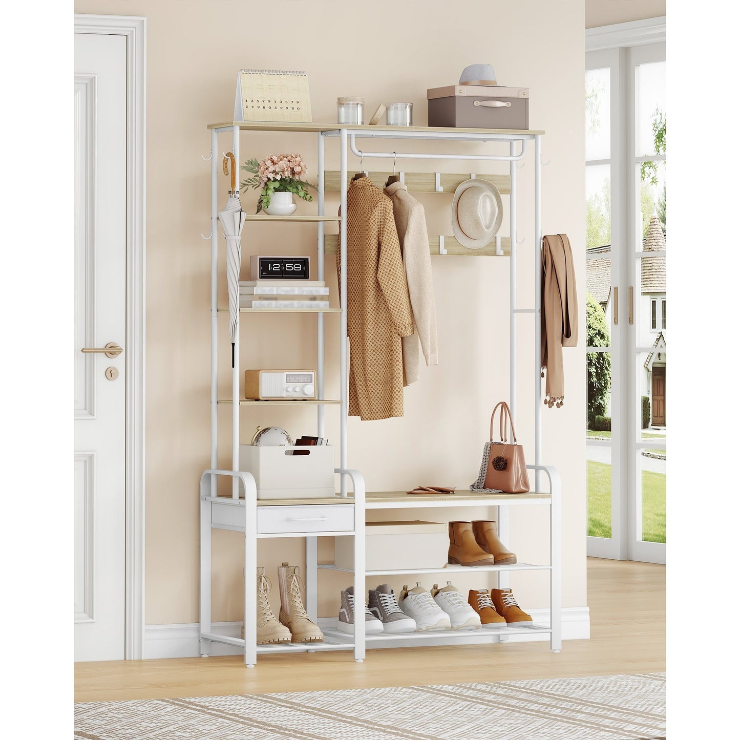 Kapstok – Kledingrek – Schoenenrek – Garderobe – Halmeubel – 5-in-1 Multifunctioneel – 17 Haken & 3-Vaks Schoenenbank – Golden Oak Wit