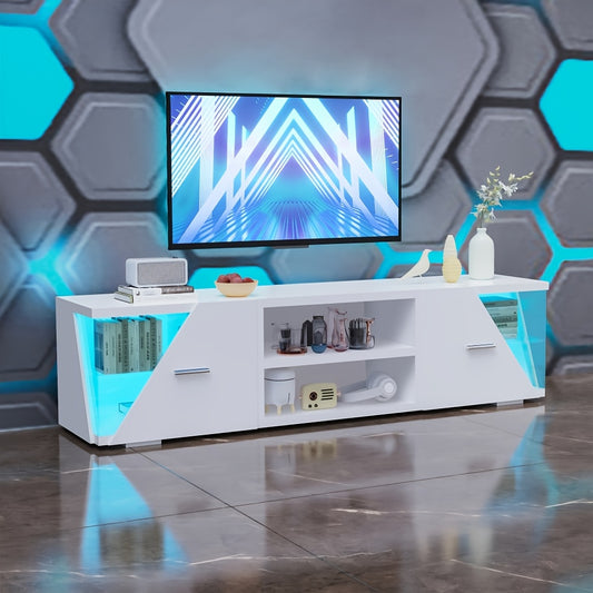 150cm Modern TV Cabinet Stand | White LED Light Entertainment Unit Cupboard with Storage, Suitable for 32-65 Inch TVs, Powered, Assembly Required, Brand: Oyajia