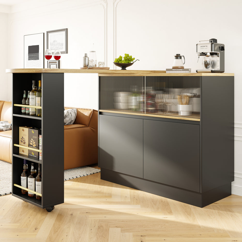 Modern 360° Rotating Bar Table with Glass Shelves - Multifunctional Kitchen & Dining Sideboard, 90x45x100cm, Easy Assembly, No Power Needed, Sleek Black Design for Contemporary Spaces, Kitchen Storage Solution, Minimalist Fu