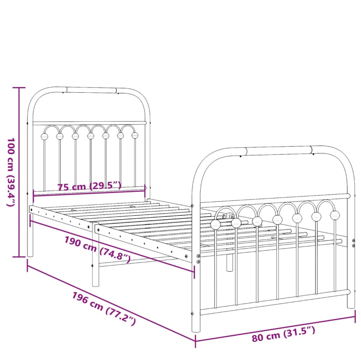 Bedframe – Bed – Eenpersoonsbed – Kinderbed – Slaapkamerbed – Met Hoofd- En Voetbord – Stevig Metaal – Compact 75x190 cm