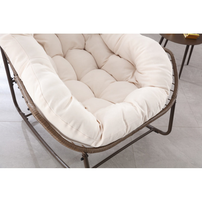 Schommelstoel – Relaxstoel – Fauteuil – Loungestoel – Tuinstoel – Oversized Ei-Vorm – 15,24 cm Dikke Kussen – Poedergecoat Stalen Frame & Handgevlochten Wit Rattan