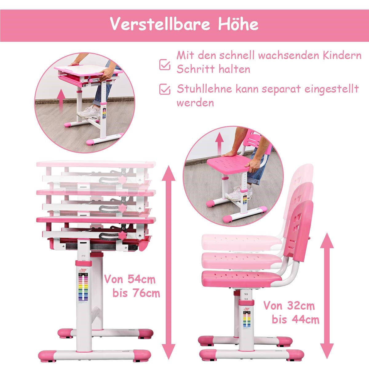 Kinderbureau – Kindertafel – Kindermeubel – Schrijftafel – Kinderwerkplek – Verstelbare Hoogte – Kantelbaar Werkblad – Roze
