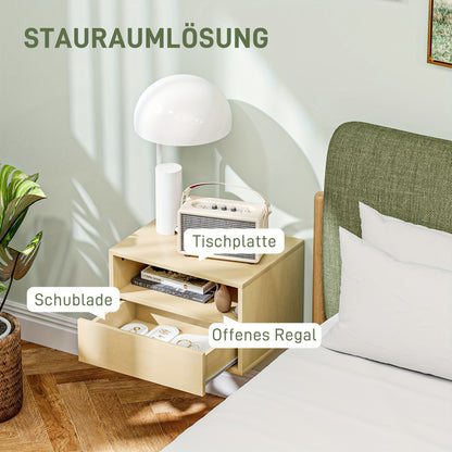 Nachtkastje – Zwevend Nachtkastje – Wandkastje – Bijzettafel – Opbergkast – Set van 2 – Natuurlijk Hout – 45x35x27,5 cm – Met Lade en Open Plank