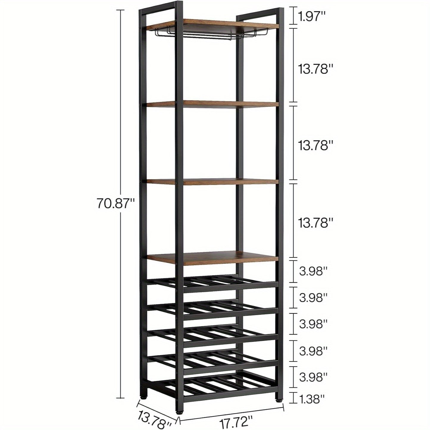 Wijnrek – Flessenrek – Wijnhouder – Wandrek – Organizer – 9-Laags Bruin Metaal – Inclusief Glazenhouder & Opbergruimte – Voor 20 Flessen – Industrieel Design – 45x35x180 cm