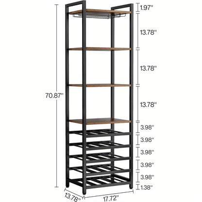 Wijnrek – Flessenrek – Wijnhouder – Wandrek – Organizer – 9-Laags Bruin Metaal – Inclusief Glazenhouder & Opbergruimte – Voor 20 Flessen – Industrieel Design – 45x35x180 cm