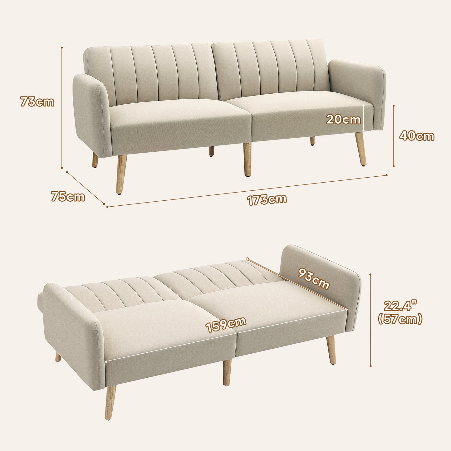 2-zits Bank – Loveseat – Zitbank – Tweezitsbank – Compacte Bank – Scandinavisch Design – Verstelbare Rugleuning 3 Standen – Ademend Linnen Stof Beige