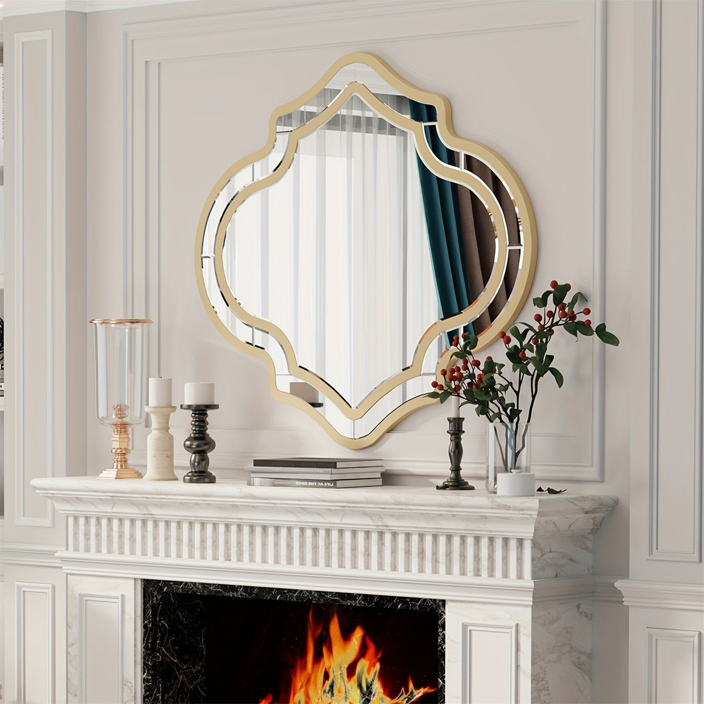 Wandspiegel – Muurspiegel – Decoratiespiegel – Interieurspiegel – Onregelmatige Spiegel – 88x80 cm – Gouden Rand – Ruimtelijk Effect