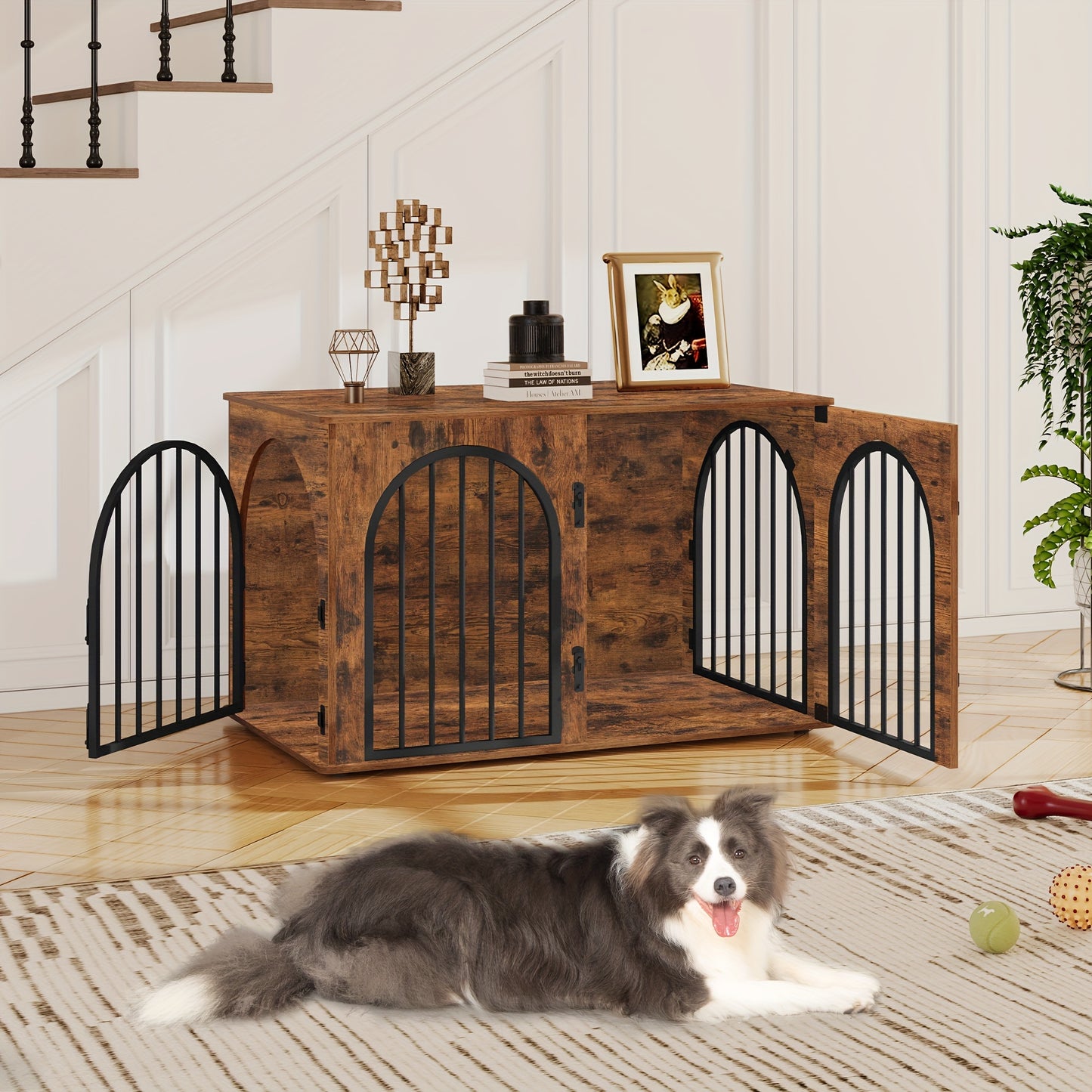 Hondenhok – Hondenbench – Hondenkooi – Hondenhuis – Dierenhuis – Houtvezelplaat – 3 Bogenvormige Deuren – Draagvermogen 100 kg