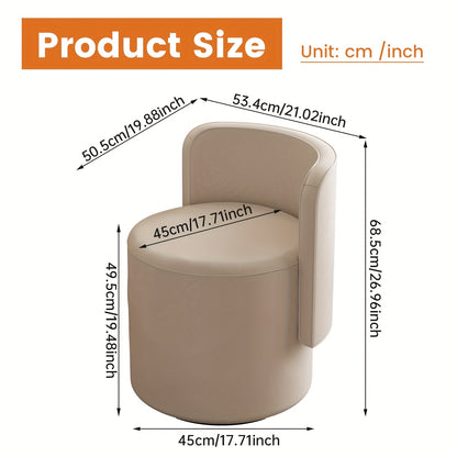 Dressoirstoel – Draaikruk – Make-up Stoel – Bureaustoel – Fauteuil – 360° Draaibaar – Zacht Kussen – Compact Rond Design – Beige Grijs – Met Rugleuning en Voetensteun