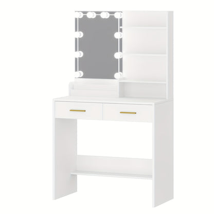 Make-uptafel – Schminktafel – Make-up Bureau – Kaptafel – Wit – LED-verlichting met instelbare helderheid – 2 Laden en 4 Open Vakken