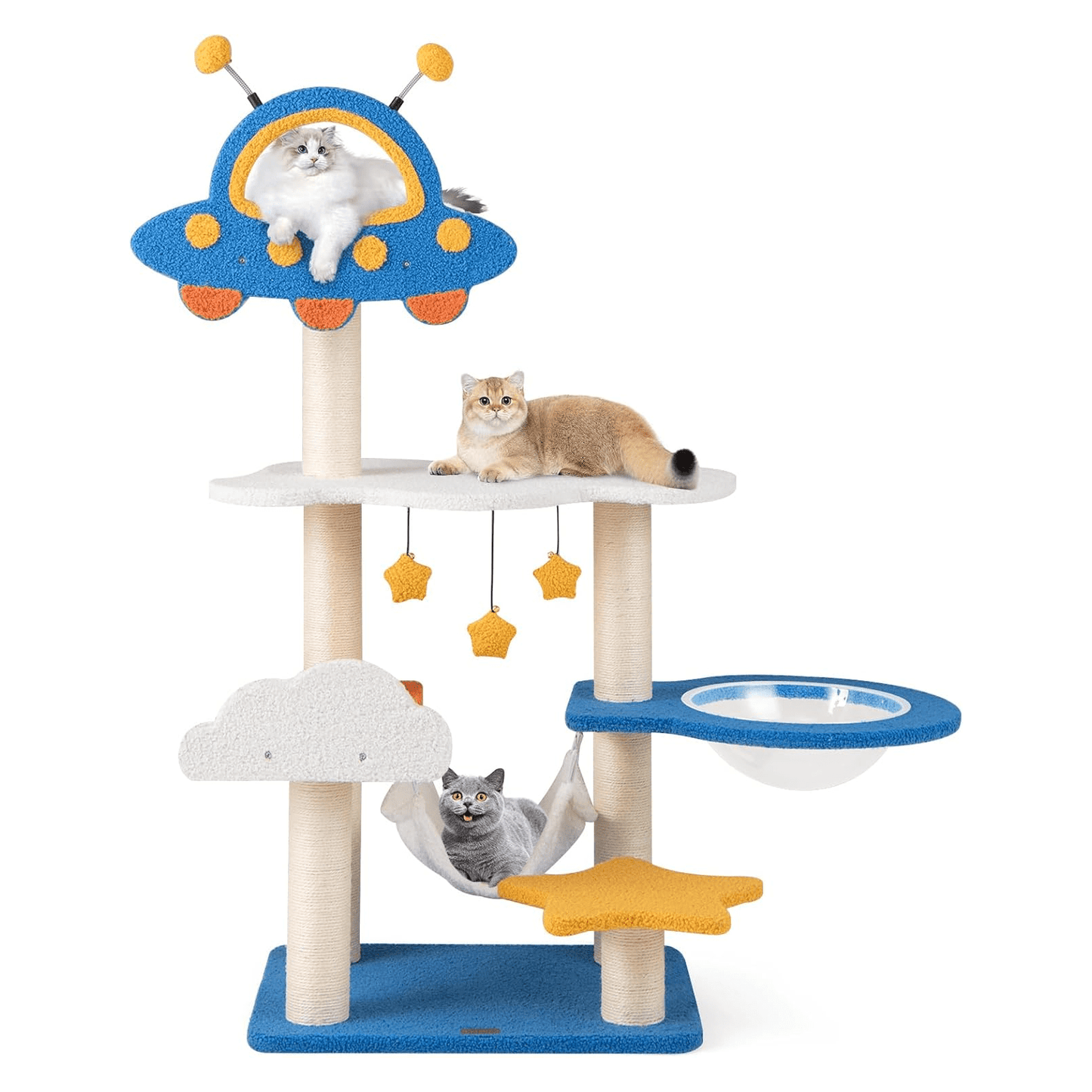 Krabpaal – Kattenboom – Krabmeubel – Kattenhuis – Krabton – 124 cm Hoog – Fiberboard & Sisal – Ruimtethema Met UFO-Platform, Hangmat en Capsule – Blauw