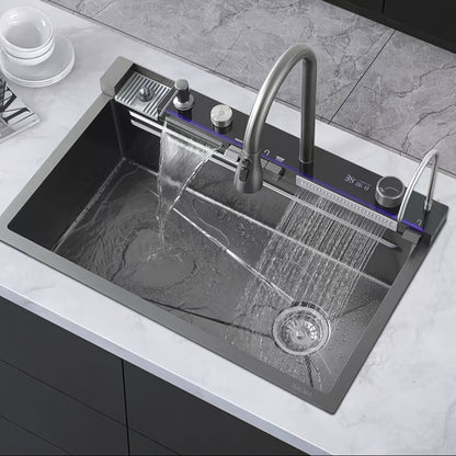Large Stainless Steel Kitchen Sink with Double Waterfall Design, Intelligent Digital Display & Ambient Lighting – Durable 304 Stainless Steel, Thickened & Embossed for Wear-Resistance, Multifunctional for Washing Vegetables