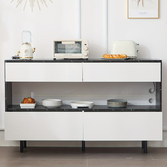 Dressoir – Sideboard – Opbergkast – Buffetkast – Kast – Wit Bamboo Met Zwart Marmerdesign – 150 cm Breed – 4 Lades & Ruime Opbergruimte