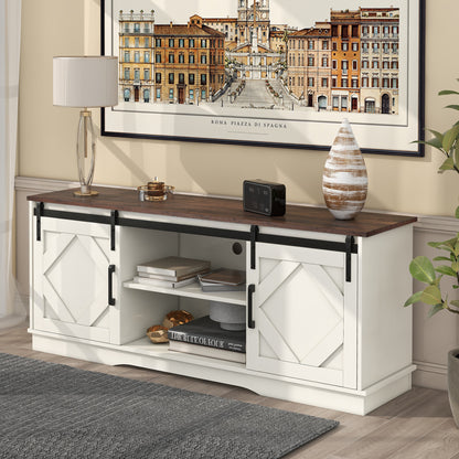 TV-meubel – Tv-meubelkast – Lowboard – Tv-dressoir – Landelijke Tv-meubel – Wit – Schuifdeuren – Verstelbare Planken – 150x40x60 cm – Houten Look