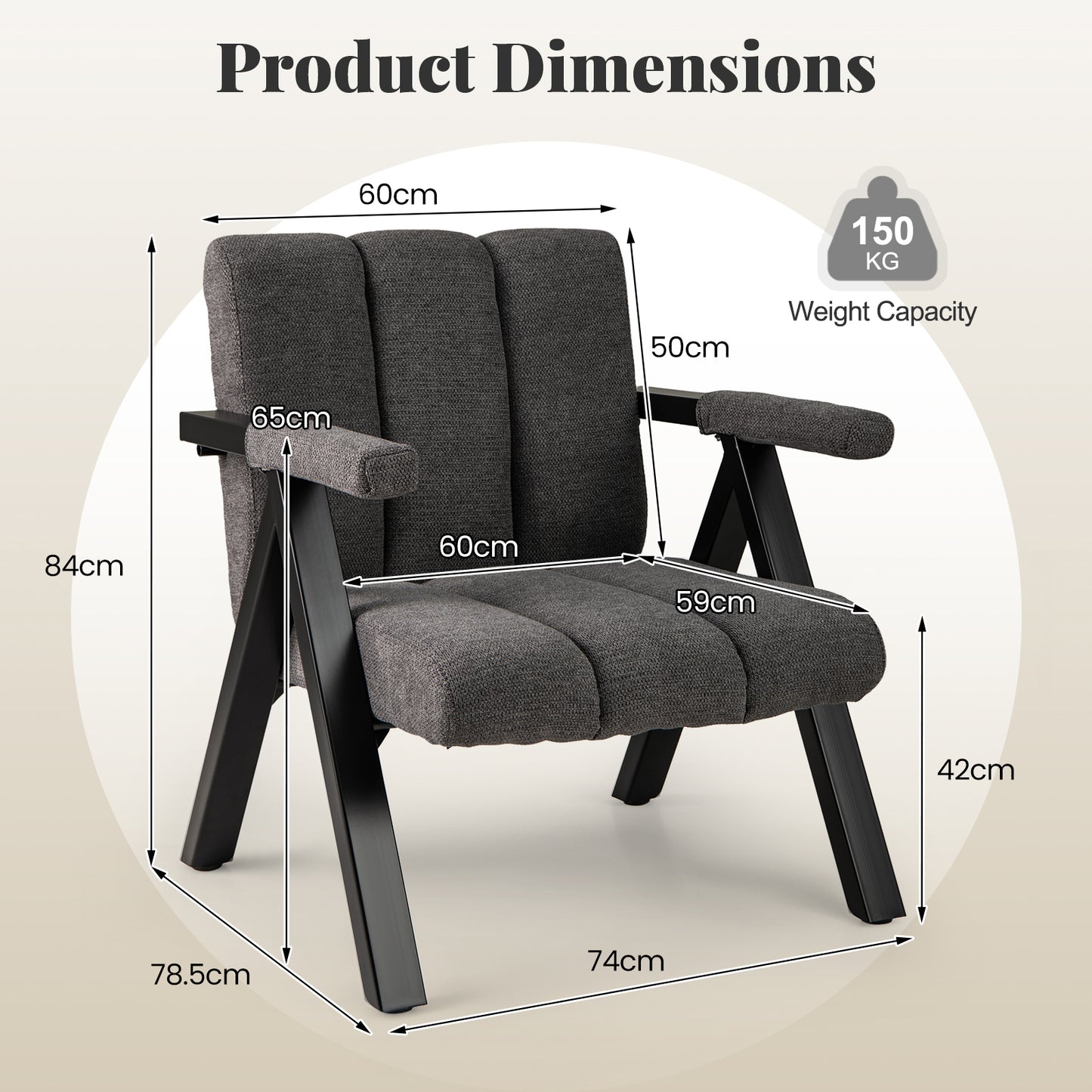 Oversized Fauteuil – Accent Stoel – Leunstoel – Relaxstoel – Armstoel – Mid-century Modern – Comfortabele Zitting – Stevig Metalen Frame – Grijs Zwart