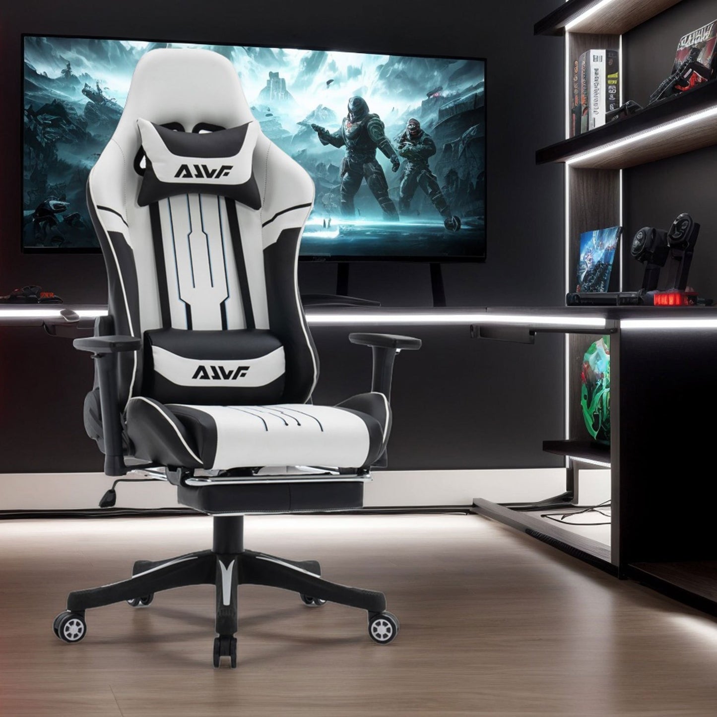 Gamingstoel – Gamestoel – Gaming Chair – Bureaustoel – Game Stoel – Ergonomisch Ontwerp – Verstelbare Lendensteun & Voetensteun – Draaibaar – Wit/Zwart