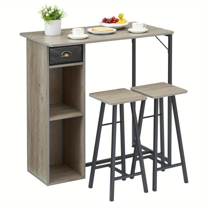 Retro Barset – Bistroset – Eettafelset – Barmeubel – Koffietafel – Compact Formaat – Inclusief Opberglade – Grijs