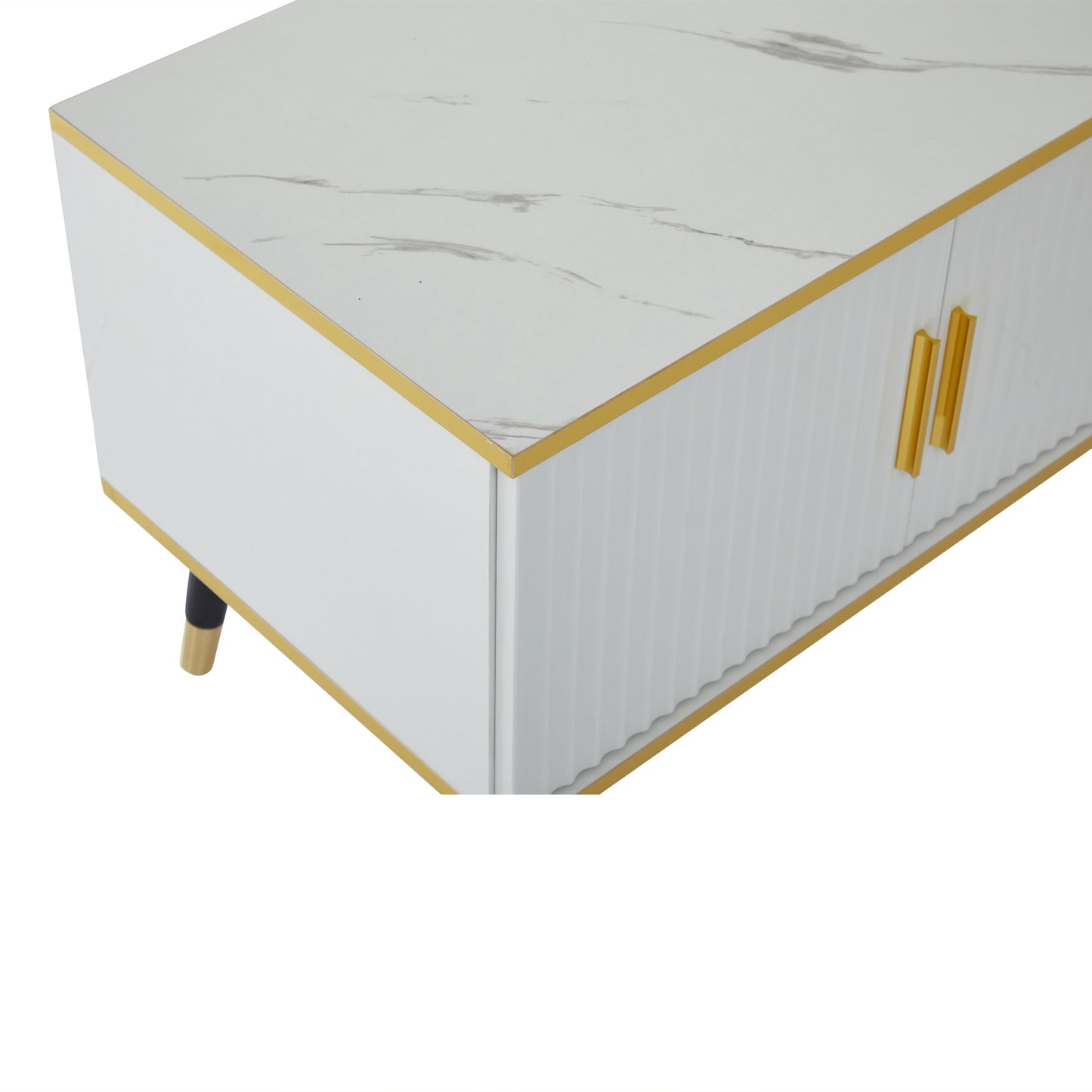 BTM Tv-Lowboard 200×40×46 Cm, Modern TV Board in White with Marble Optic, TV Table / TV Cabinet / TV Furniture for Tvs Up to 90 Inches, Living Room Furniture with Doors, Drawer & Open Shelf