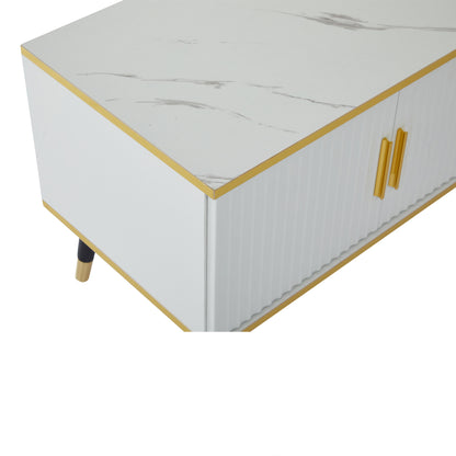 BTM Tv-Lowboard 200×40×46 Cm, Modern TV Board in White with Marble Optic, TV Table / TV Cabinet / TV Furniture for Tvs Up to 90 Inches, Living Room Furniture with Doors, Drawer & Open Shelf