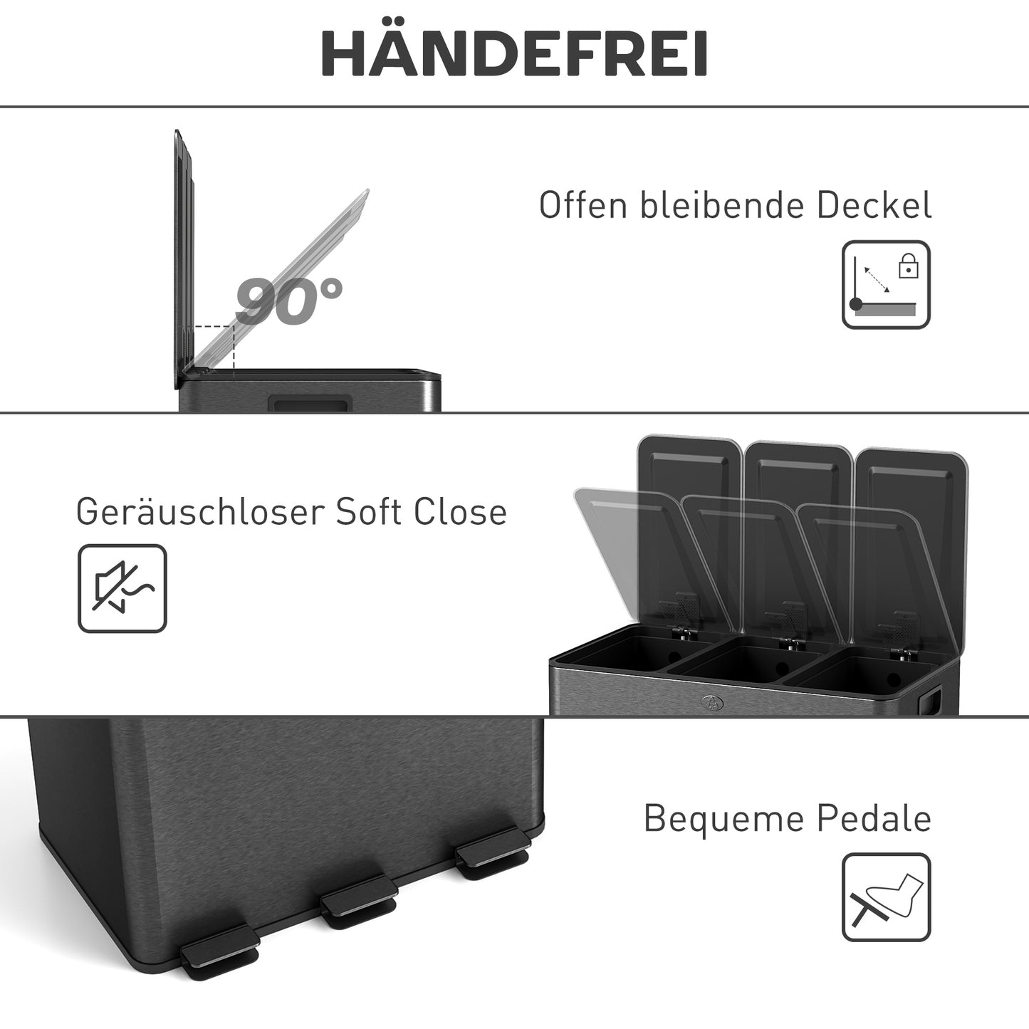 Afvalemmer – Prullenbak – Vuilnisbak – Sorterbak – Afvalcontainer – Zwart – 3 x 20 Liter Compartimenten – Soft-Close Deksel Met Geurfilter