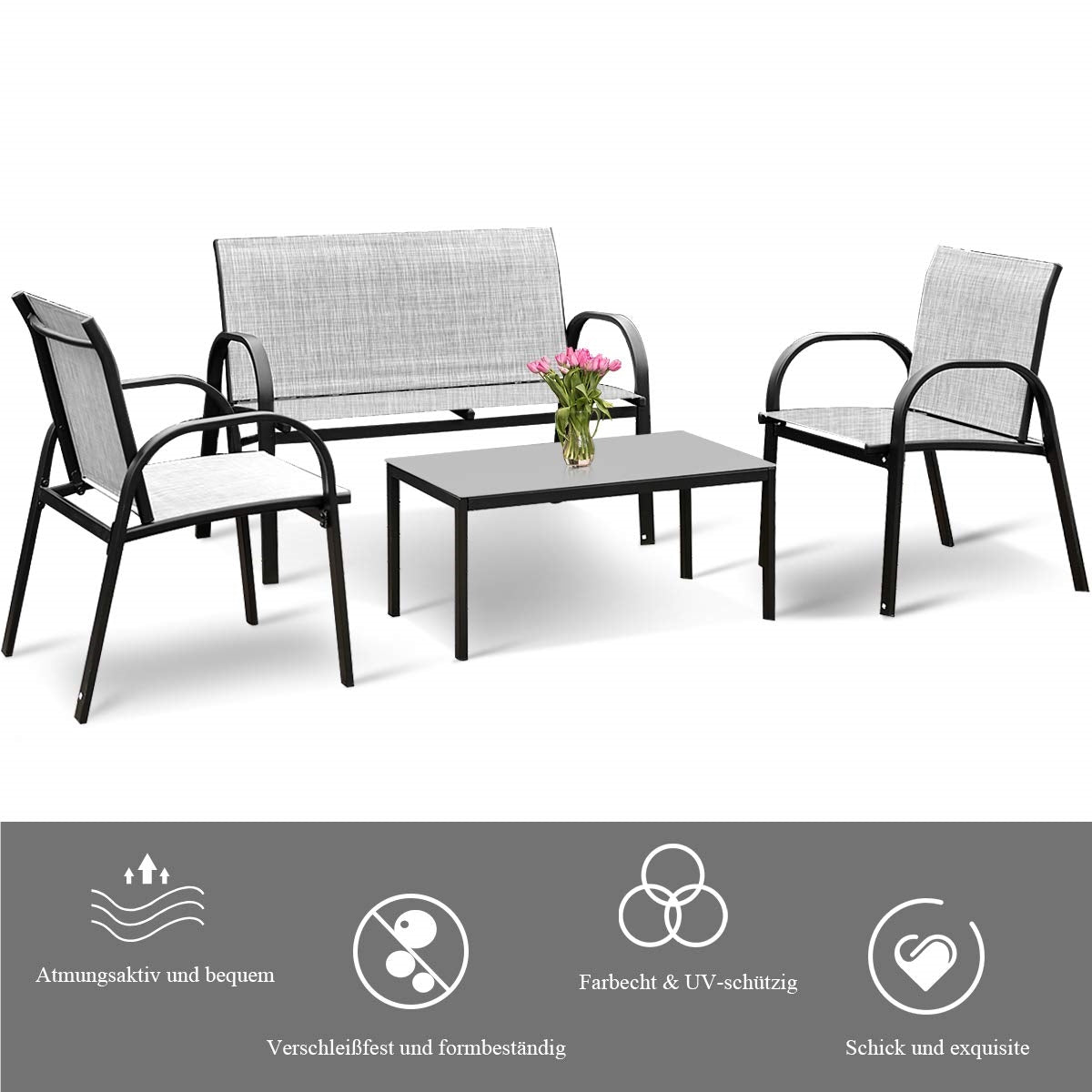 Tuinset 4-delig – Loungeset – Balkonmeubilair – Terrasmeubels – Buitenmeubels – Gepoedercoat IJzer – Gehard Glas Tafelblad