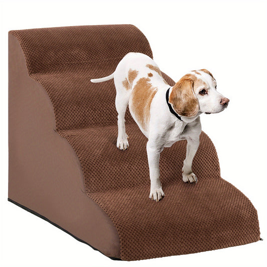 Hondenladder – Hondentrap – Hondenloopplank – Huisdierentrap – Antislip Corduroy Oppervlak – 4 Treden Met Zachte Schuimvulling – Wasbare Hoes – Brede, Diepe Treden – Koffie
