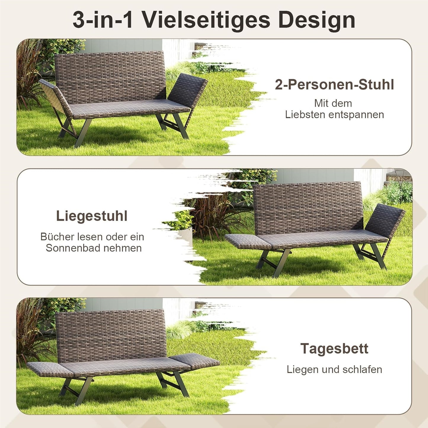 Polyrattan Tuinbank – Tuinbankje – Balkonbank – Buitenbank – Tuinbank Met Verstelbare Armleuningen – Met Sneldrogend Schuimkussen & Verstelbare Rugleuning – 178 x 59 x 89 cm – Grijs