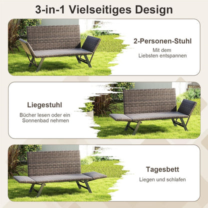 Polyrattan Tuinbank – Tuinbankje – Balkonbank – Buitenbank – Tuinbank Met Verstelbare Armleuningen – Met Sneldrogend Schuimkussen & Verstelbare Rugleuning – 178 x 59 x 89 cm – Grijs